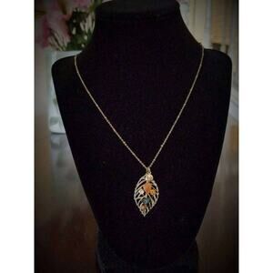 Vintage Brass Tone Single Leaf Pendant Necklace with Silver Plated Chain